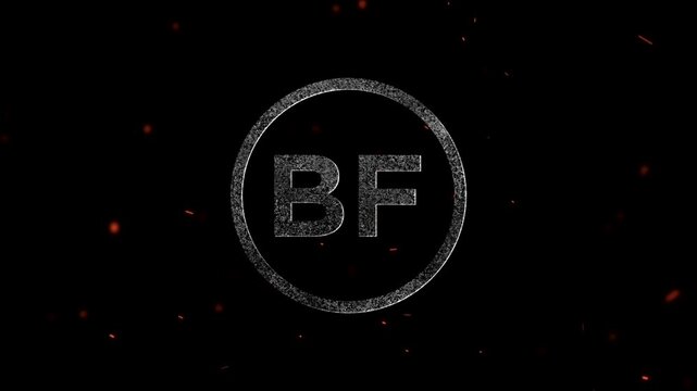 Glowing particle animation of letters BF enclosed in a circular frame