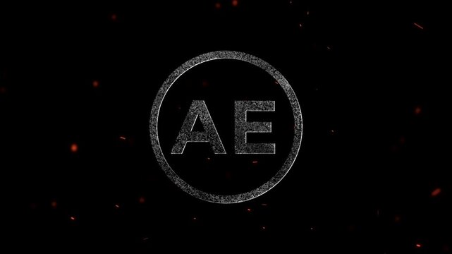 Glowing particle effect forming the letters AE inside a circular frame with floating sparks in dark space