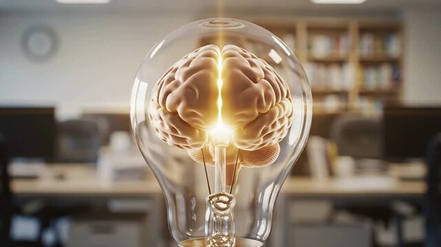 Glowing human brain inside light bulb concept animation representing bright ideas, innovation, creativity, and intelligence in office background