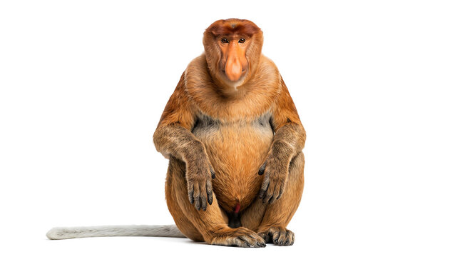 Portrait of a Proboscis Monkey Sitting Isolated on White Background