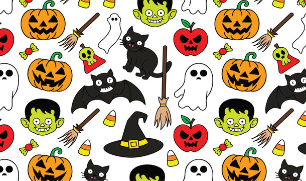 Halloween pattern with cartoon jack-o'-lanterns, black cats, ghosts, bats, witch hats, and candy corn on a white background