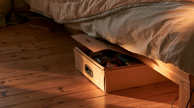 Cardboard box of early Christmas gifts pushed under a bed