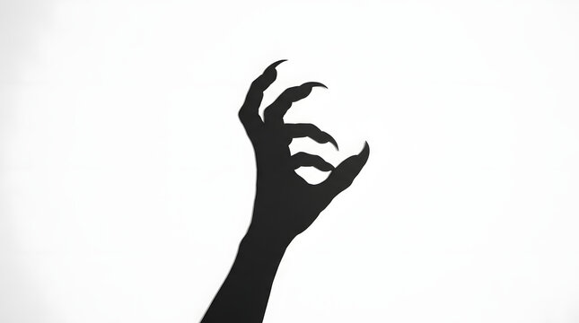 A spooky black silhouette of a clawed monster hand isolated on a white background using a creative ow overlay effect for halloween design project needs