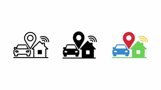 Location pins over house car and Wi-Fi icons in animation