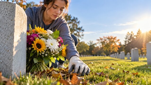 Woman is cleaning a tombstone in a cemetery. People tend to the graves on a sunny day. This image embodies memory and respect.