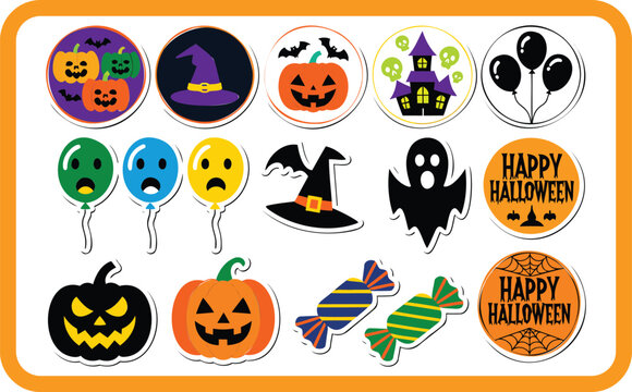 Halloween sticker set with jack-o'-lanterns, witch hats, ghosts, balloons, haunted house, and candy icons on a white background