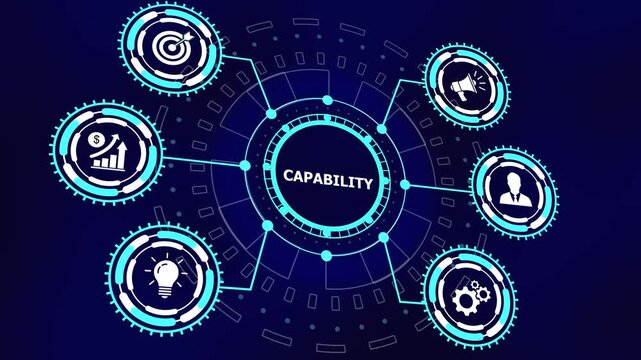 Dynamic digital capability infographic hud interface featuring animated business and network connections for corporate strategy, growth, organizational development, and modern data analytics