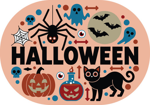 Halloween with black cat, jack-o'-lantern, spider, bats, and ghosts on a peach oval background holiday