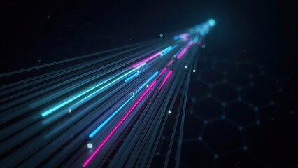 Fototapeta premium Fiber optic cables glowing with blue and pink light against a dark, futuristic background. Concept for high-speed data transmission.