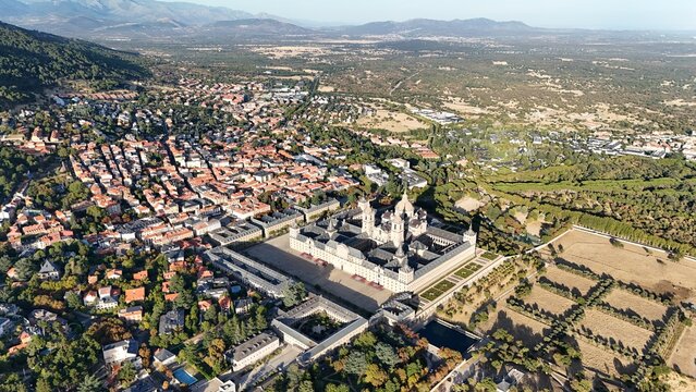 Aerial view of the El Escorial Monastery, Sierra de Guadarrama, Madrid; a landmark of Philip II's reign