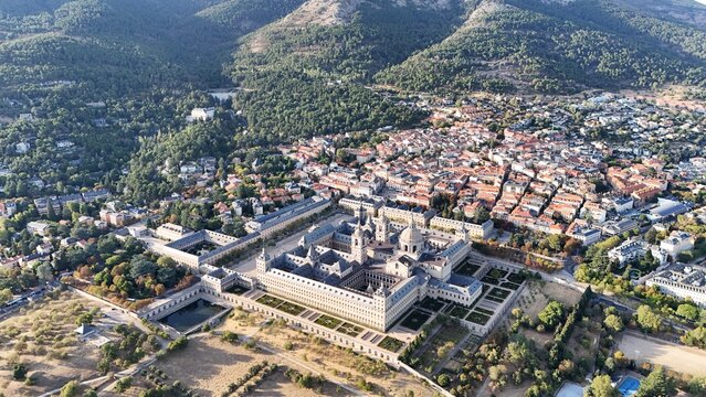 Aerial view of the El Escorial Monastery, Sierra de Guadarrama, Madrid; a landmark of Philip II's reign