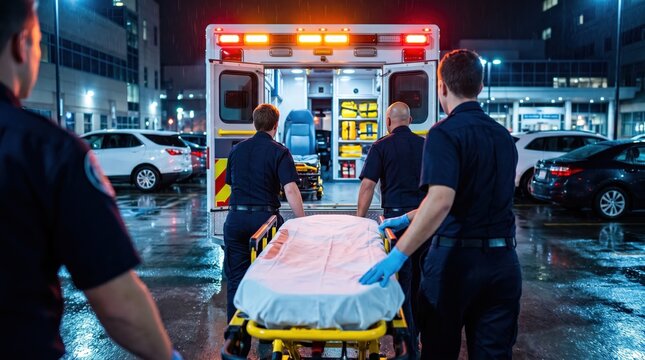 Emergency responders loading a medical gurney into an ambulance vehicle during a rainy night operation.