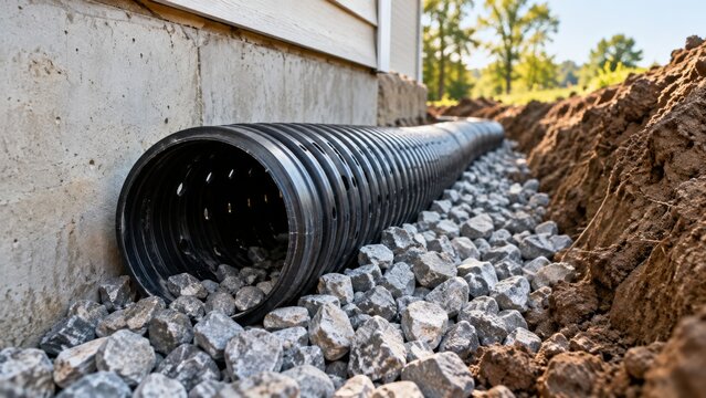 Perforated drain pipe surrounded by gravel during construction. A white geotextile fabric lines the trench. This system prevents water damage to foundations