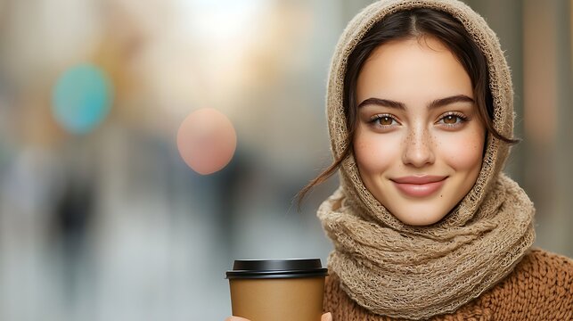 Woman in brown hijab holding coffee cup outdoors.