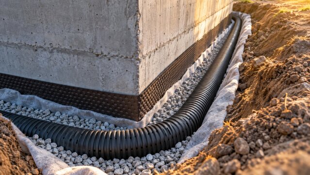 Perforated drain pipe surrounded by gravel during construction. A white geotextile fabric lines the trench. This system prevents water damage to foundations