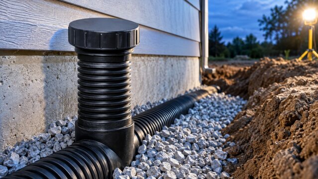 Perforated drain pipe surrounded by gravel during construction. A white geotextile fabric lines the trench. This system prevents water damage to foundations