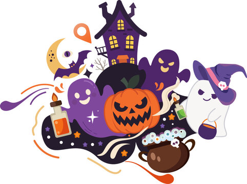 Cute Halloween Illustration. Spooky Haunted House with Pumpkin, Ghost, Witch and Bat. Colorful Vector for Halloween Party, Trick or Treat, Holiday Decoration and Seasonal Design.