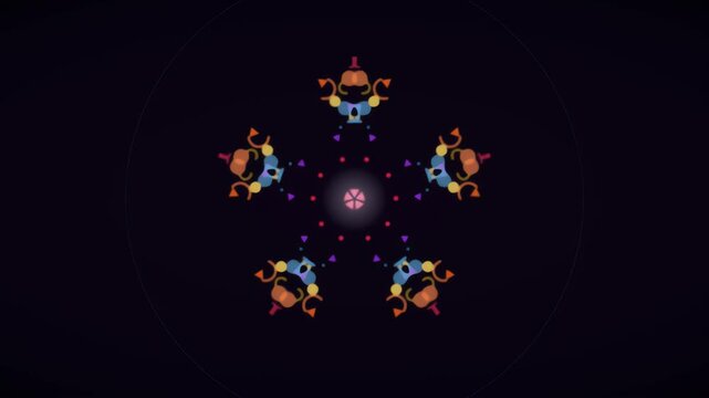 Hypnotic rotating kaleidoscope of jewel toned symmetrical mandala shapes in rose amber violet and gold