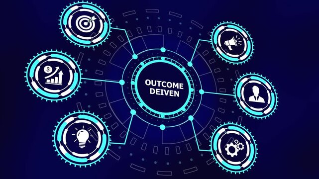 Dynamic outcome driven business strategy infographic animation featuring interconnected digital hud interface corporate growth and modern technological data visualization for presentations