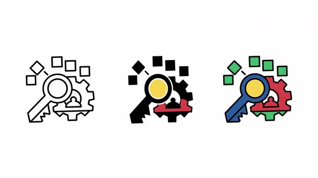 Magnifying glass and gear icons growing from small to large with digital elements in clean motion