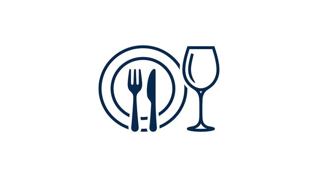 Minimalist vector icon of a dining table setting featuring a round plate, fork, knife, and a wine glass isolated on a white background