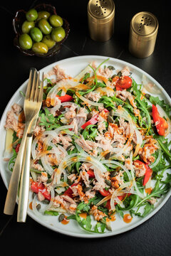Fresh Tuna Salad with Onions and Cherry Tomatoes. Italian Mediterranean Cuisine