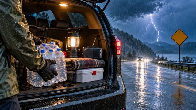 During a thunderstorm, first aid equipment is stored in the vehicle's cargo bed. This demonstrates preparedness for natural disasters and severe weather conditions.