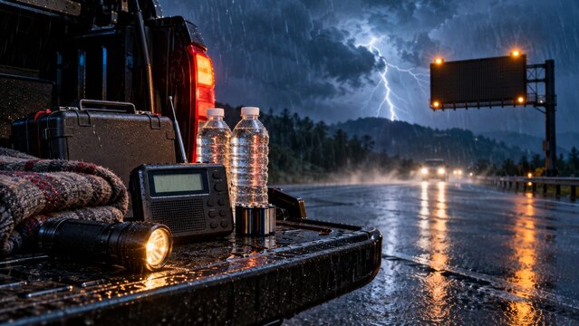 During a thunderstorm, first aid equipment is stored in the vehicle's cargo bed. This demonstrates preparedness for natural disasters and severe weather conditions.