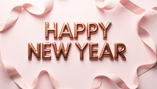 Elegant metallic rose gold Happy New Year text typography framed with satin ribbon on soft pink background, festive holiday greeting card template with copy space.