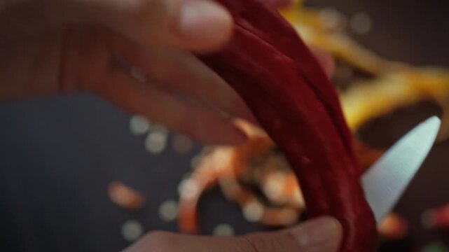 Close-up of a housewife cutting sharp red and yellow chili peppers on a kitchen table. Hot pungent spice is prepared as an ingredient. Theme of spicy flavors and bold home cooking