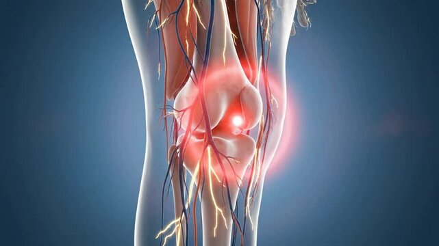 3D medical animation of human knee joint showing inflammation and joint pain with glowing red focal point for orthopedic healthcare and medical education