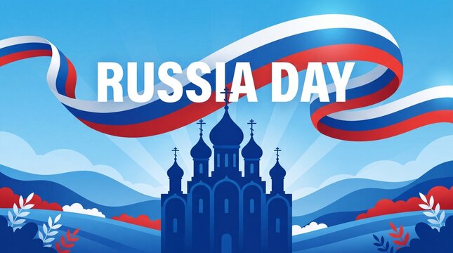 Russia day greeting card with silhouette of orthodox church and waving national flag on blue sky background