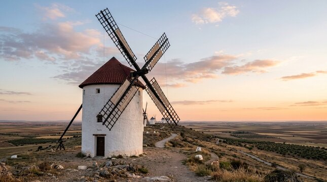 Traditional White Windmill on Hilltop at Sunset in La Mancha, Spain