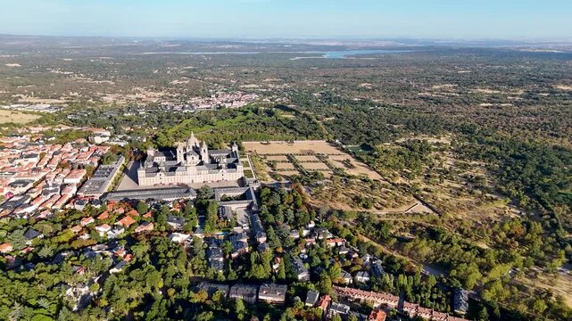  Aerial view video of the El Escorial Monastery, Sierra de Guadarrama, Madrid  landmark associated with Philip II