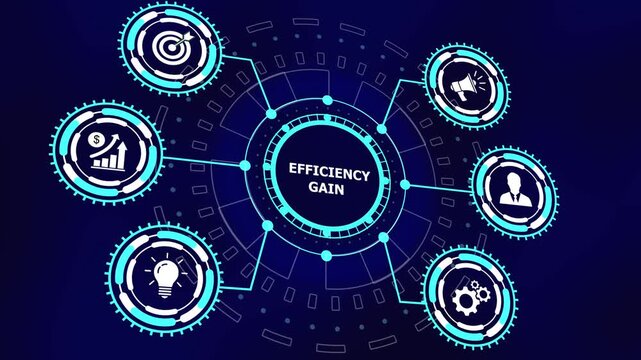 Dynamic digital infographic display featuring efficiency gain concept with animated hud interface glowing blue circular technology hud, business growth and corporate motion
