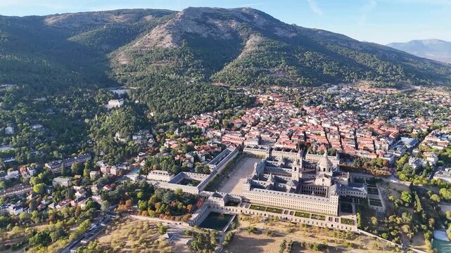 Aerial view video of the El Escorial Monastery, Sierra de Guadarrama, Madrid
