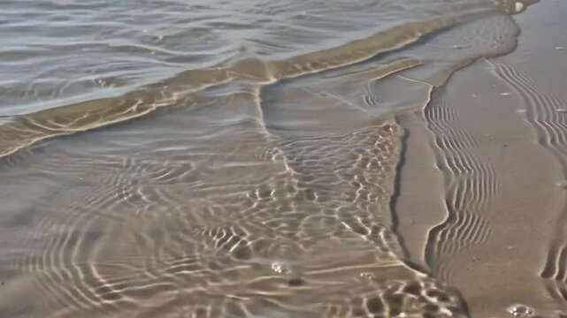 Gentle Tide on Sandy Shore: The subtle ebb and flow of clear ocean water gently laps against a sun-kissed sandy beach, creating mesmerizing ripple patterns that invite tranquility.