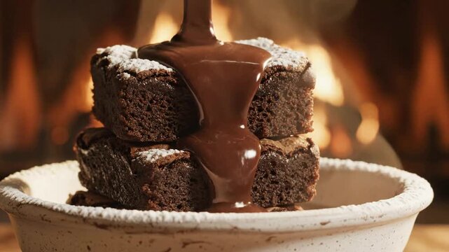 Decadent chocolate syrup pouring over warm fudge brownies stacked in a bowl with fireplace background