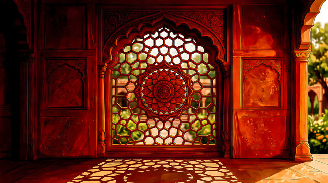 Red Sandstone Carved Jali Window Screen with Cusped Arch and Lattice