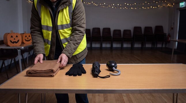 Volunteer organizing lost and found items at Halloween event