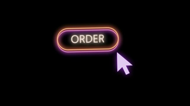 Order button click neon animation on black background horizontal loop