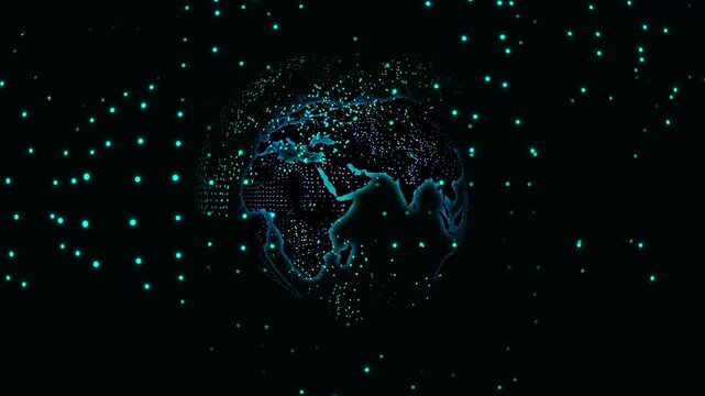 Digital globe animation links continents through particle arrays. International telecommunication telemetry routes on digital globe animation. Global data hubs use globe.
