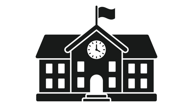 School building silhouette features a central clock and waving flag on a white background