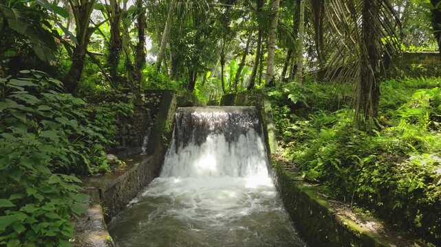Flowing water creating a small cascade through an artificial concrete structure surrounded by dense tropical jungle foliage and rich green vegetation in a Balinese rural environment. Drone flight shot