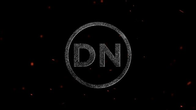 Abstract letter logo design featuring the initials DN inside a circular glowing frame with floating fire particles