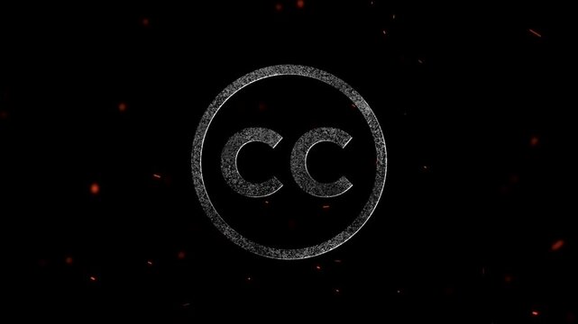 Creative commons symbol made of glowing white particles with floating fire embers