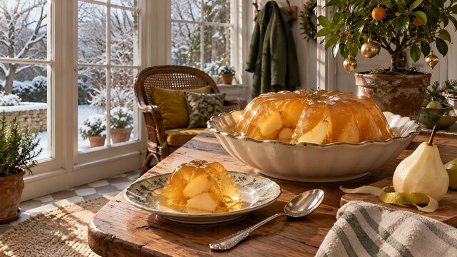 Translucent fruit jelly dessert in a winter holiday composition with seasonal decoration.