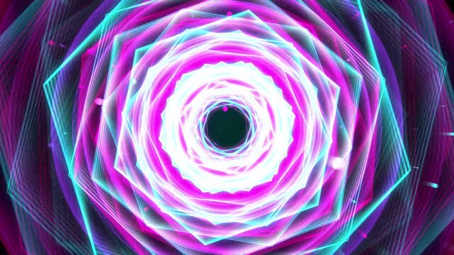 Neon hexagon tunnel motion background with glowing pink and blue light effects