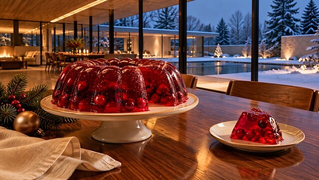 Translucent fruit jelly dessert in a winter holiday composition with seasonal decoration.