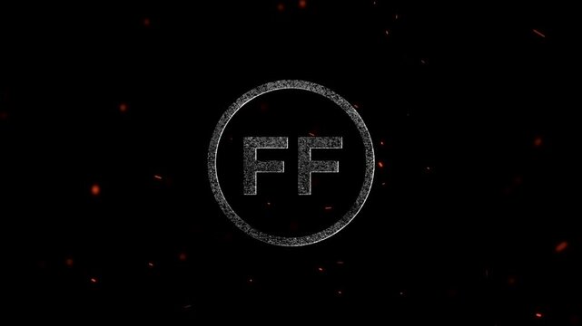 Glowing neon circular emblem with letter ff inside surrounded by floating embers